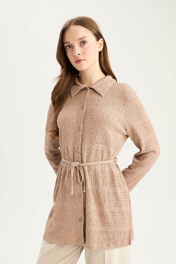 Regular Fit Ayarlanabilen Bağcıklı Bürümcük Uzun Kollu Gömlek Tunik E1946AX25SM - 4