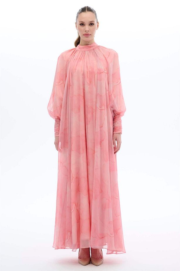 YAKASI FULARLI MERMER DESENLİ ELBİSE Pembe - 1