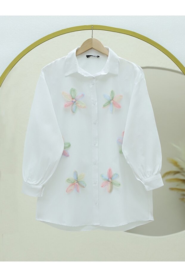 Pullu Çiçek Detaylı Düğmeli Gömlek -Pembe - 1