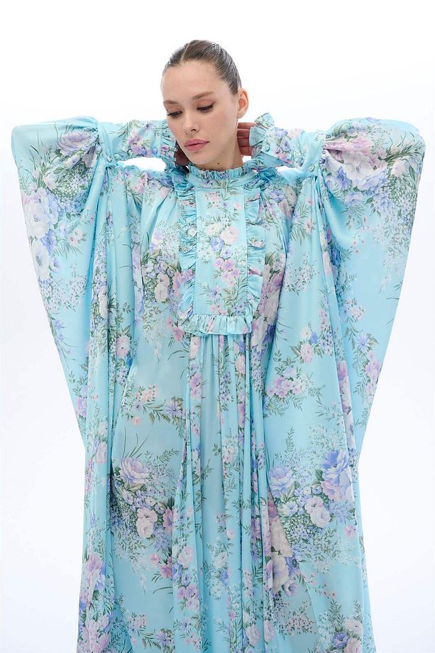 ŞERİT GARNİLİ KAFTAN ELBİSE Mavi - 3