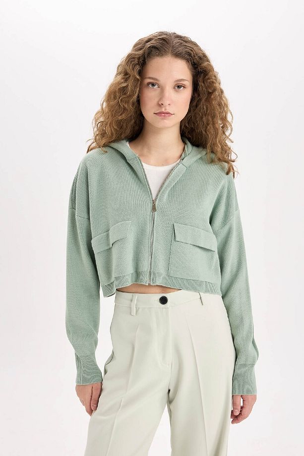 Regular Fit Kapüşonlu Basic Düz Fermuarlı Triko Hırka E2270axns - 1