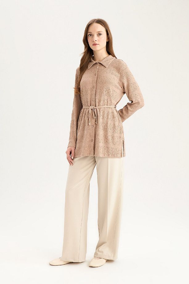 Regular Fit Ayarlanabilen Bağcıklı Bürümcük Uzun Kollu Gömlek Tunik E1946AX25SM - 2