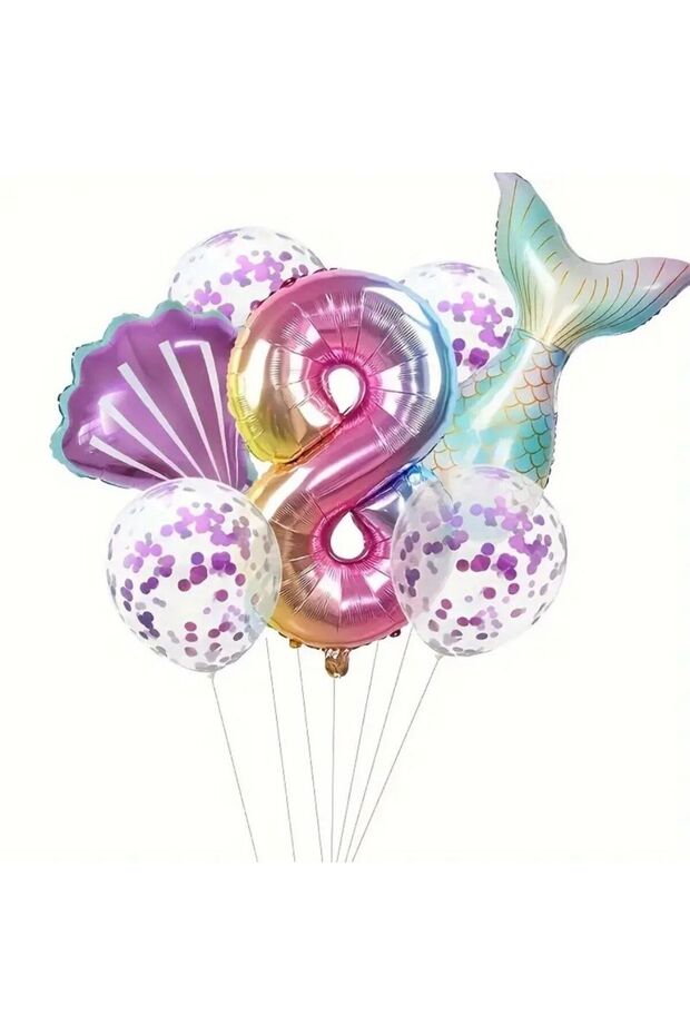 Mermaid Tail Purple Confetti 8 Years Old Foil Balloon Set