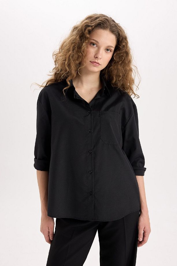 Oversize Geniş Kalıp Poplin Uzun Kollu Gömlek E2294AXNS - 1