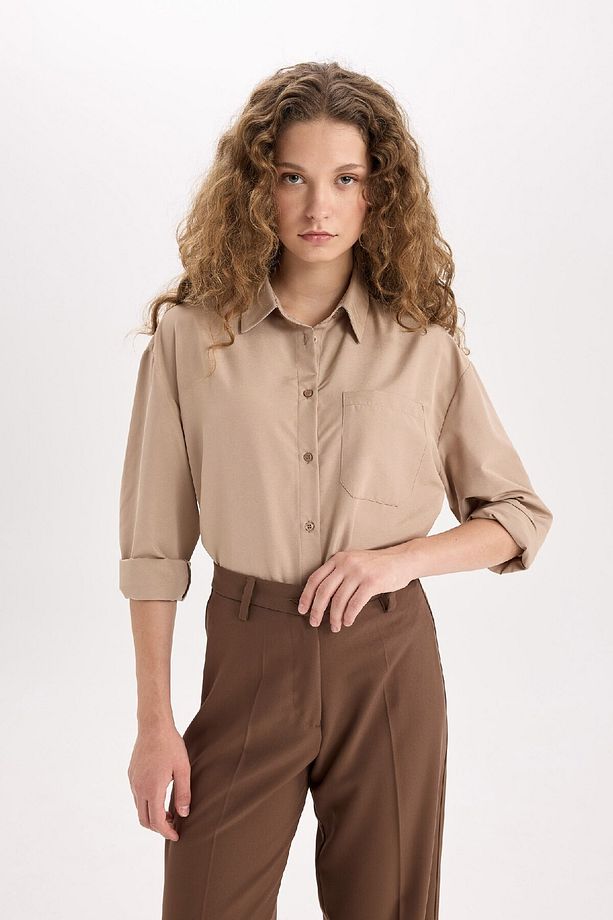 Oversize Geniş Kalıp Poplin Uzun Kollu Gömlek E2294AXNS - 1