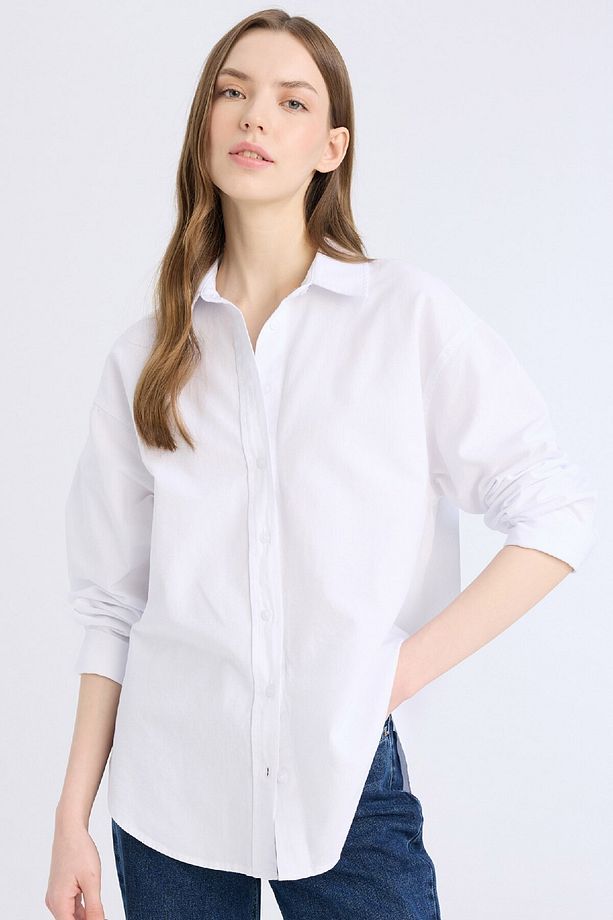 %100 Pamuk Oversize Geniş Kalıp Basic Düz Oxford Uzun Kollu Gömlek Z4893az25sp - 1