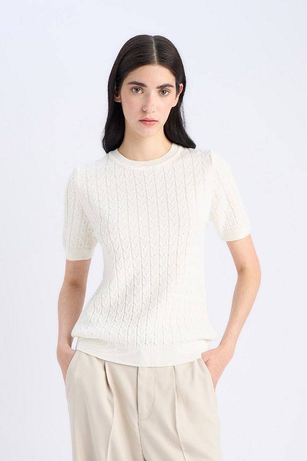 Regular Fit Bisiklet Yaka Basic Düz Triko Kısa Kollu Kazak D3306AX25SM - 4