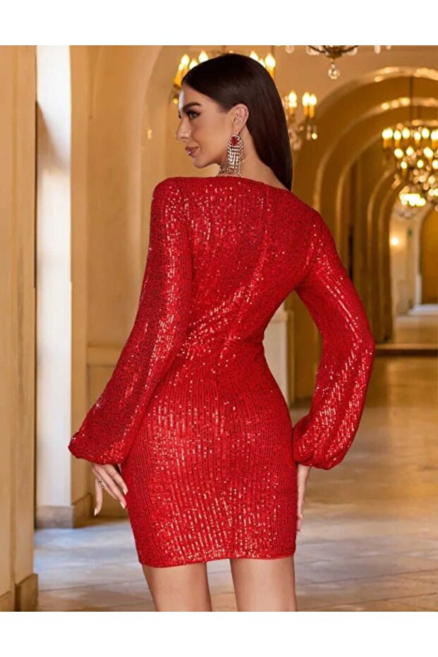 UZUN KOLLU GÖĞÜS DEKOLTELİ PUL PAYET MİNİ ELBİSE - 5