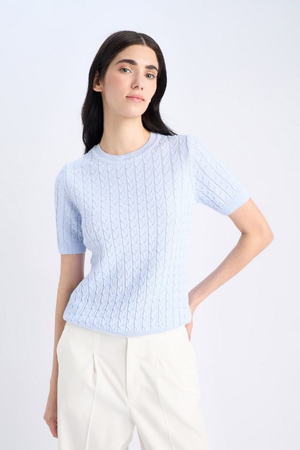 Regular Fit Bisiklet Yaka Basic Düz Triko Kısa Kollu Kazak D3306AX25SM - 4