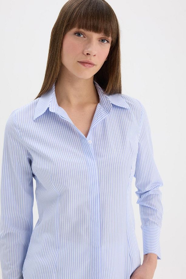 Fitted Basic Düz Poplin Uzun Kollu Gömlek D3172AX25SM - 4