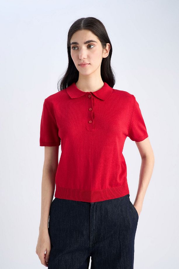 Regular Fit Polo Yaka Basic Düz  Kısa Kollu Kırmızı Triko Kazak E3670AX25SM - 4