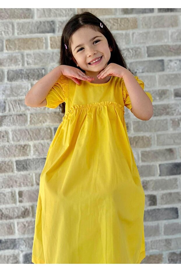 Robadan Ruffle Gathered Poplin Dress 2-7 Years Yellow