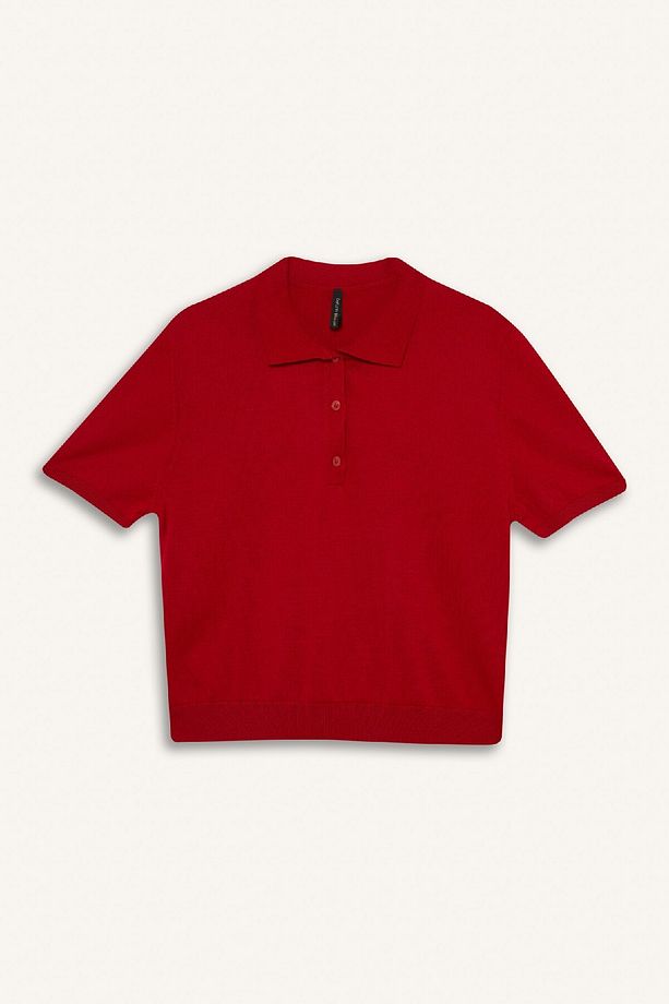 Regular Fit Polo Yaka Basic Düz  Kısa Kollu Kırmızı Triko Kazak E3670AX25SM - 7