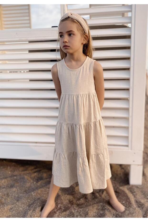 Gathered Layered Linen Dress 2-7 Years Natural