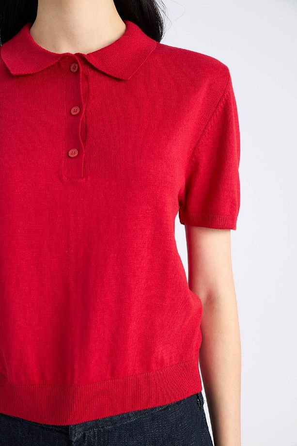 Regular Fit Polo Yaka Basic Düz  Kısa Kollu Kırmızı Triko Kazak E3670AX25SM - 5