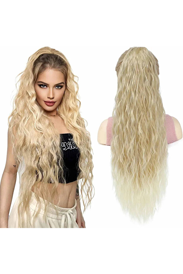Ashy Blonde Curly Clip in Ponytail Hairpiece - Real Hair Texture