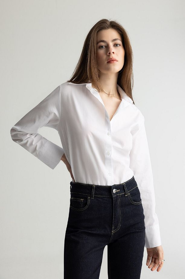 Regular Fit Basic Düz Poplin Uzun Kollu Beyaz Gömlek E5336AX25SP - 4