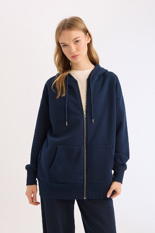 Oversize Geniş Kalıp Kapüşonlu Cepli Basic Düz Fermuarlı Sweatshirt V4233az25sp - 3