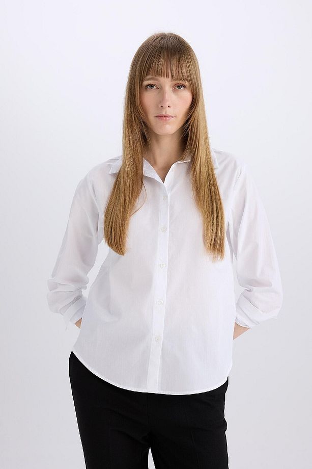 Regular Fit Basic Düz Poplin Uzun Kollu Beyaz Gömlek E5336AX25SP - 8