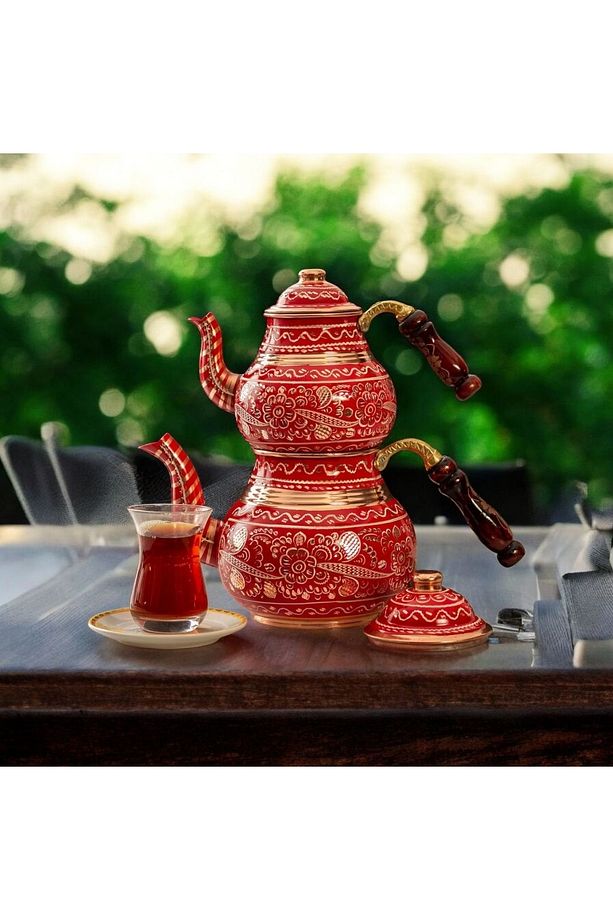 Bakır Çaydanlık Bakır Kırmızı Çaydanlık Bakır Demlik Mavi Bakır Demlik Işlemeli Demlik - 1
