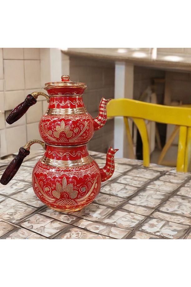 Bakır Çaydanlık Bakır Kırmızı Çaydanlık Bakır Demlik Mavi Bakır Demlik Işlemeli Demlik - 6