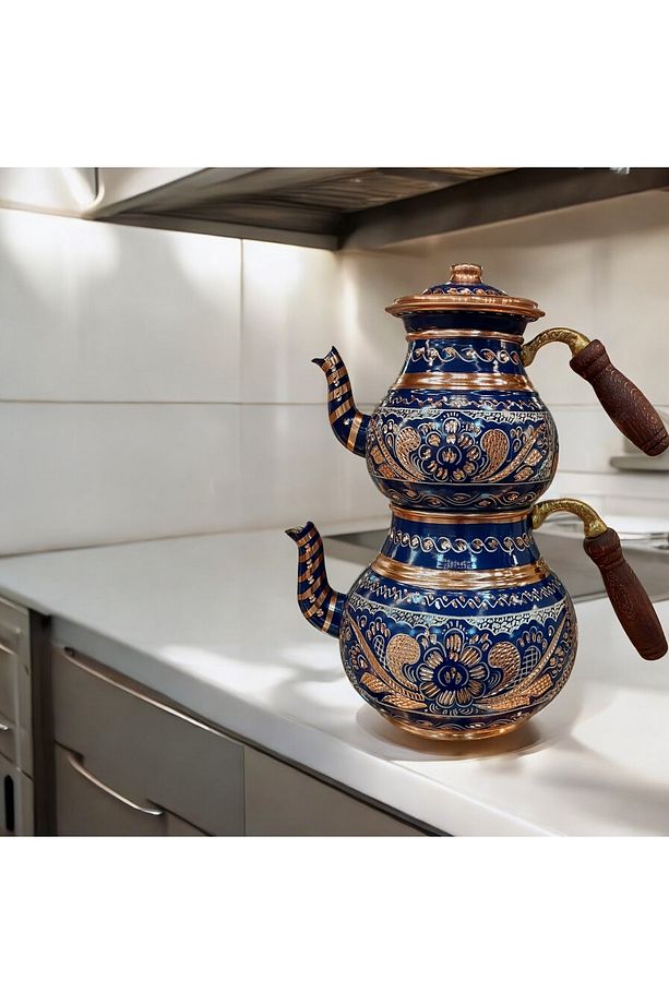 Bakır Çaydanlık Bakır Mavi Çaydanlık Bakır Demlik Mavi Bakır Demlik İşlemeli Demlik - 2