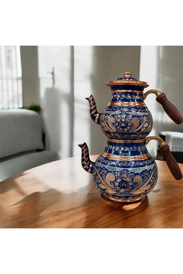 Bakır Çaydanlık Bakır Mavi Çaydanlık Bakır Demlik Mavi Bakır Demlik İşlemeli Demlik - 3