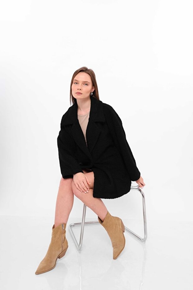 Siyah - Teddy Buklet Ceket - 4