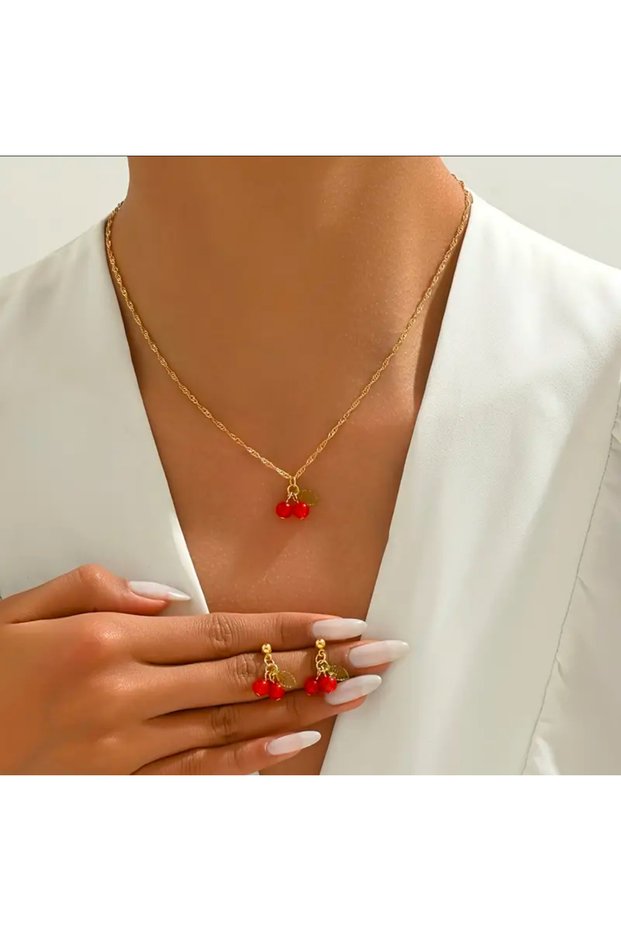 Women's Cherry Earrings and Necklace Set