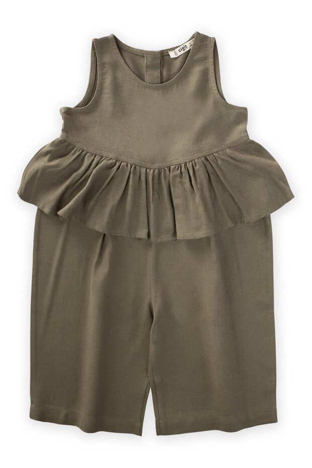 Flounced waist linen overalls 2-7 years old khaki green