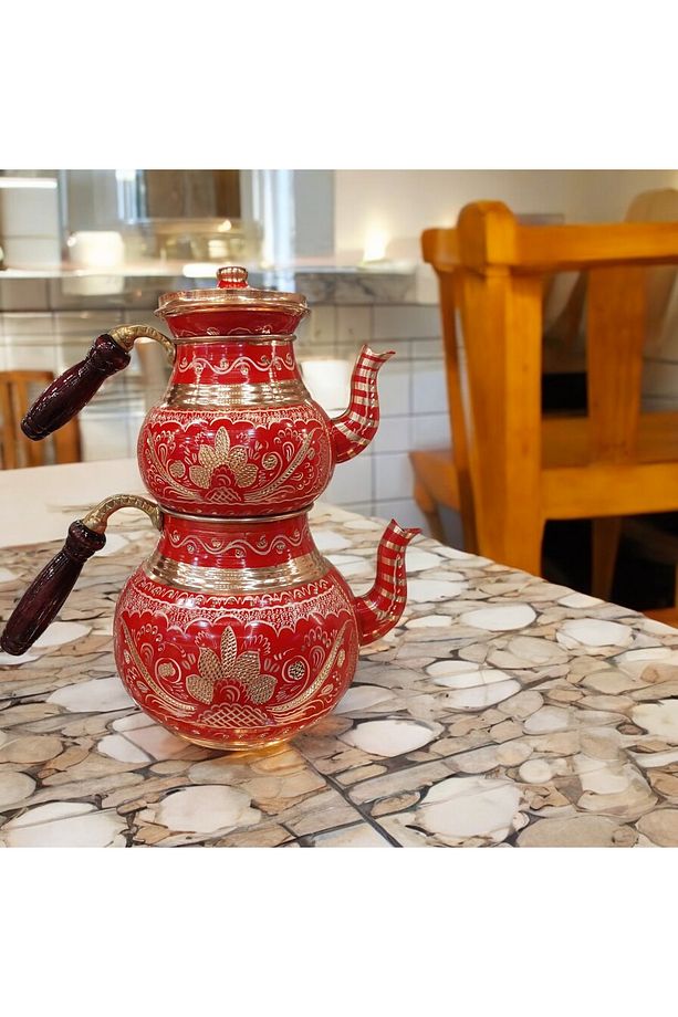 Bakır Çaydanlık Bakır Kırmızı Çaydanlık Bakır Demlik Mavi Bakır Demlik Işlemeli Demlik - 4