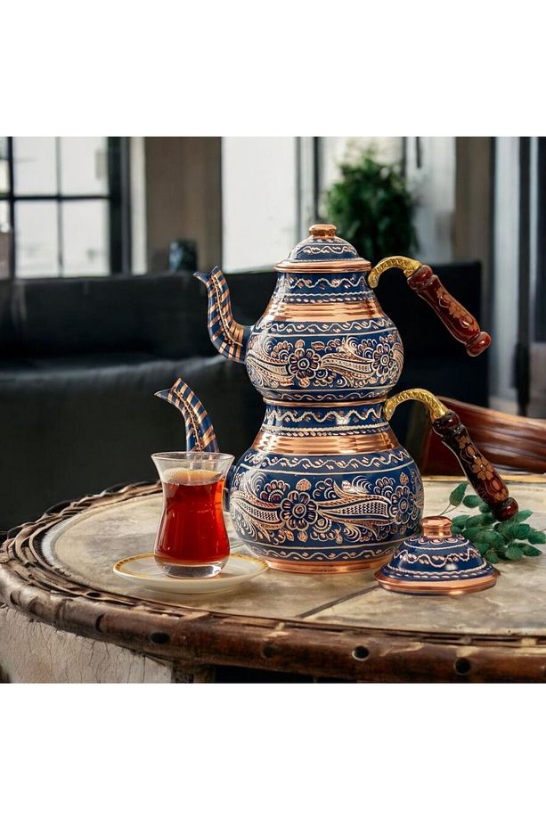 Bakır Çaydanlık Bakır Mavi Çaydanlık Bakır Demlik Mavi Bakır Demlik İşlemeli Demlik - 1