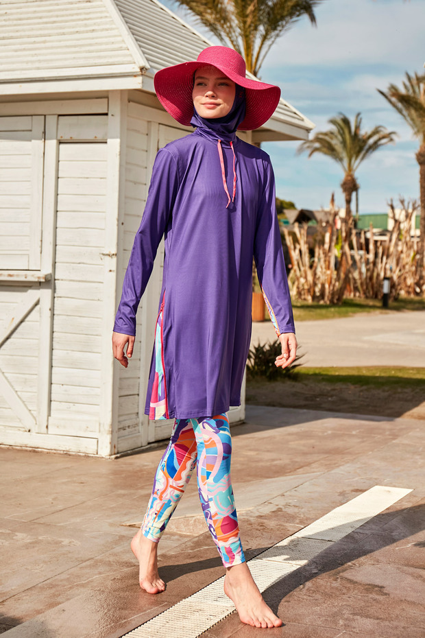 Full Covered Hijab Swimsuit Set Lycra Flexible Purple 4 Piece – M2496