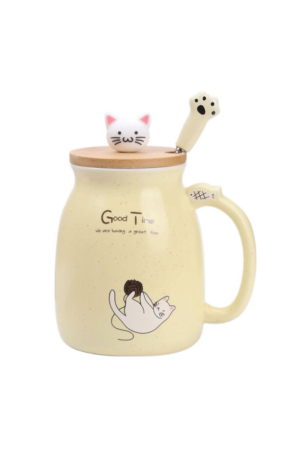 401-500ml YELLOW Kawaii Tea Cup Cute Cat Ceramic Coffee Mug with Kitty Lid and Spoon Japanese style