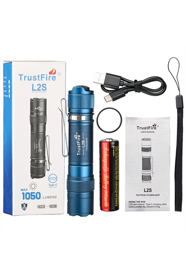 مصباح يدوي تكتيكي Trustfire L2S أزرق بتركيز ثابت 14500 لومن، IPX6، 14500 مصباح يدوي قابل للشرب