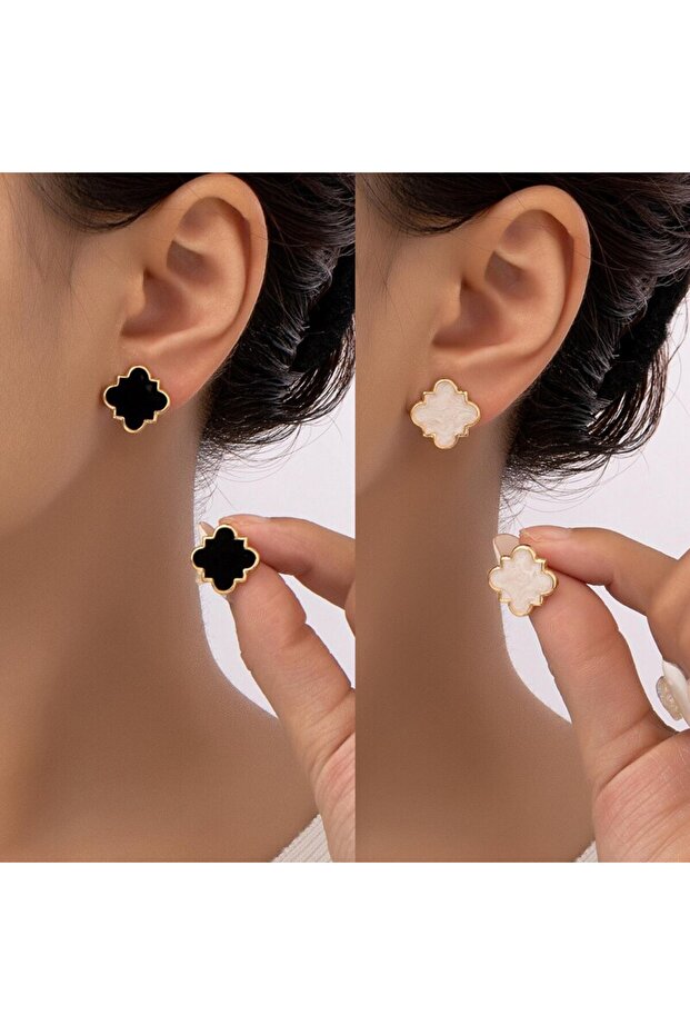 set 2 PCS Black White Geometric Earrings Stud Set Women Cute Epoxy Earring Post Daily Wear Trendy Je