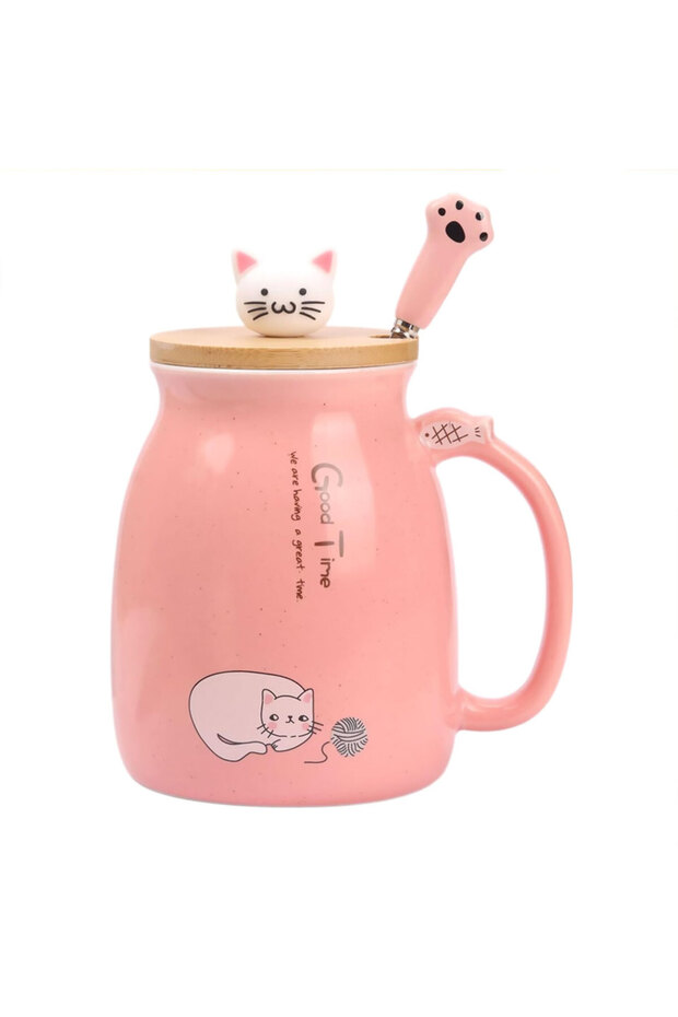 401-500ml Pink Kawaii Tea Cup Cute Cat Ceramic Coffee Mug with Kitty Lid and Spoon Japanese style No