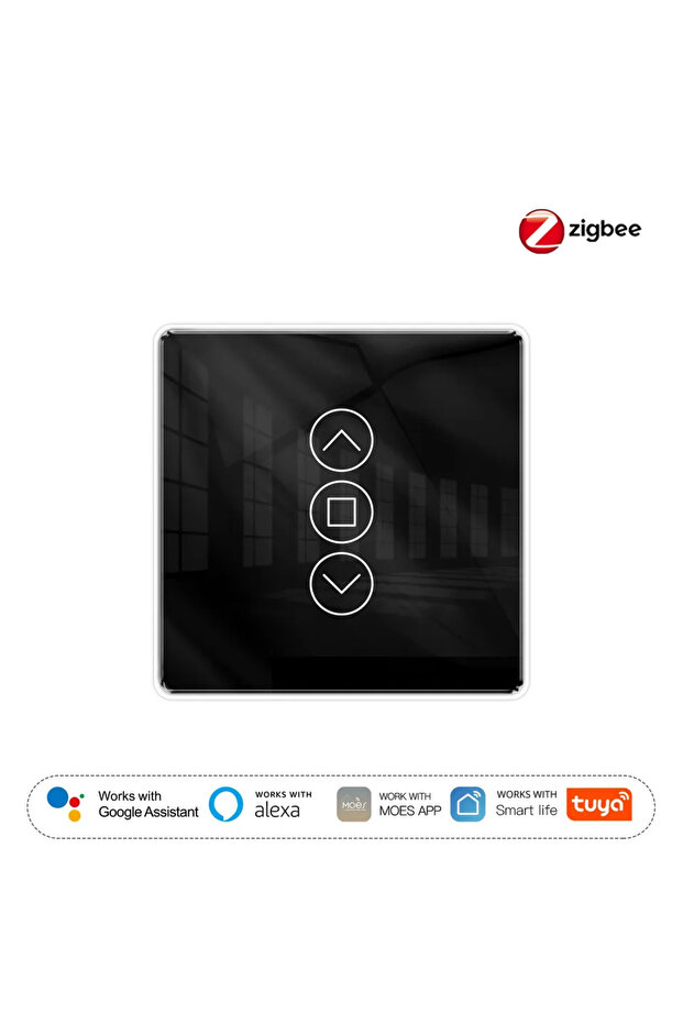 مفتاح ستارة ذكي أسود من Tuya بتقنية ZigBee، يدعم تقنية 2.5D، مزود بلوحة لمس زجاجية مقوسة بتردد RF433، وجهاز تحكم عن بعد عبر تطبيق.
