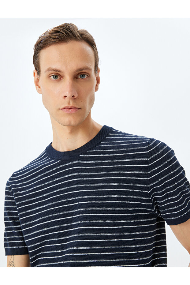 Crew Neck Short Sleeve Cotton Striped Knitwear T-Shirt