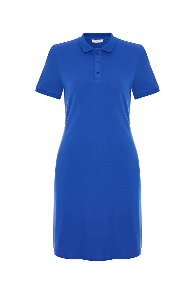 Women's Blue Polo Collar Short Sleeve Mini Dress