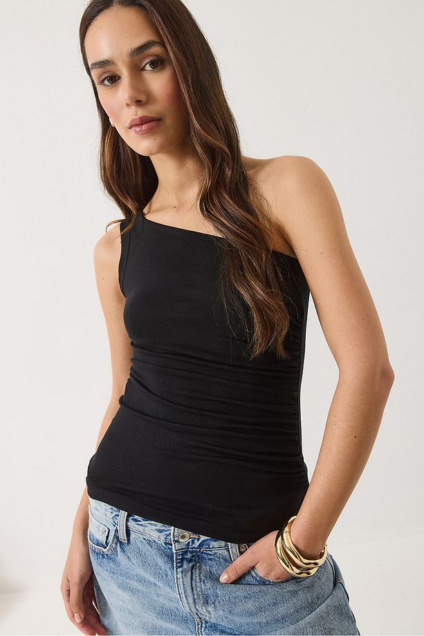 Kadın Drape Detaylı Tek Omuz Soft Touch Esnek Viskon Bluz 4013 60284028 - 3