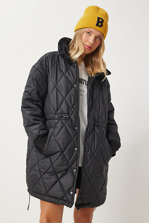 Quilted Coat with Fur Collar Black Lpys002