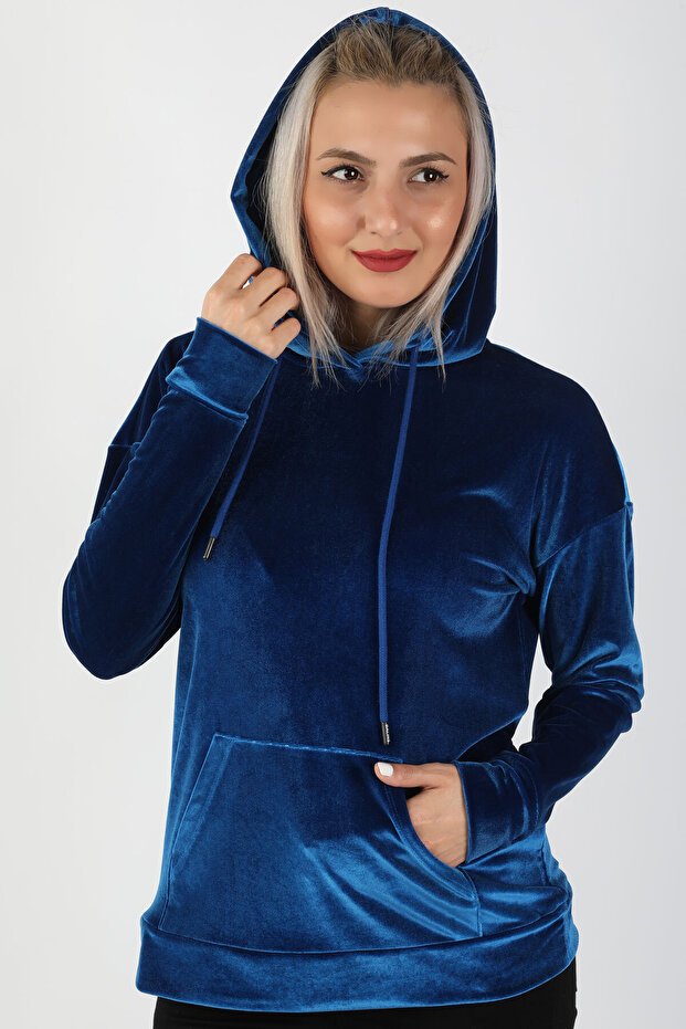 Kapüşonlu Kadife Sweatshirt Saks - 1