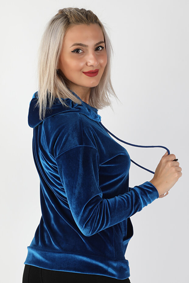 Kapüşonlu Kadife Sweatshirt Saks - 3