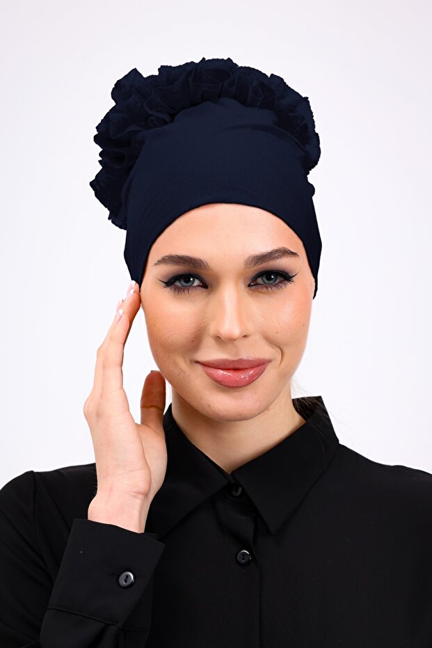 Ruffled Seamless Combed Cotton Bonnet Navy Blue - Women's Hijab Tie Bun Inner Bonnet