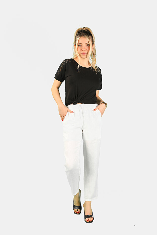 White Linen Straight Cut Trousers