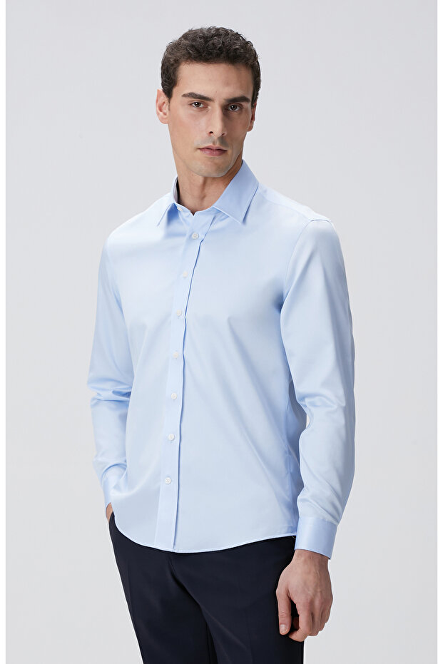 Mavi Non-iron Saten Gömlek - 4