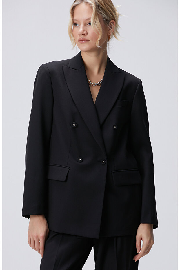 Siyah Yün Karışımlı Ceket - 1