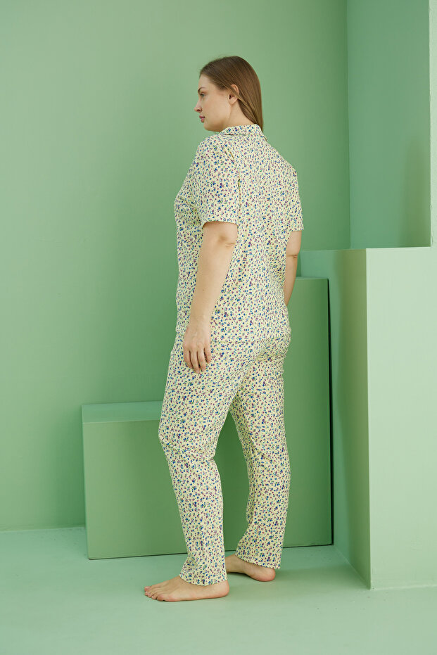 Yellow Patterned Crinkle Crinkle Fabric Curve Large Size Buttoned Pajama Set - 3