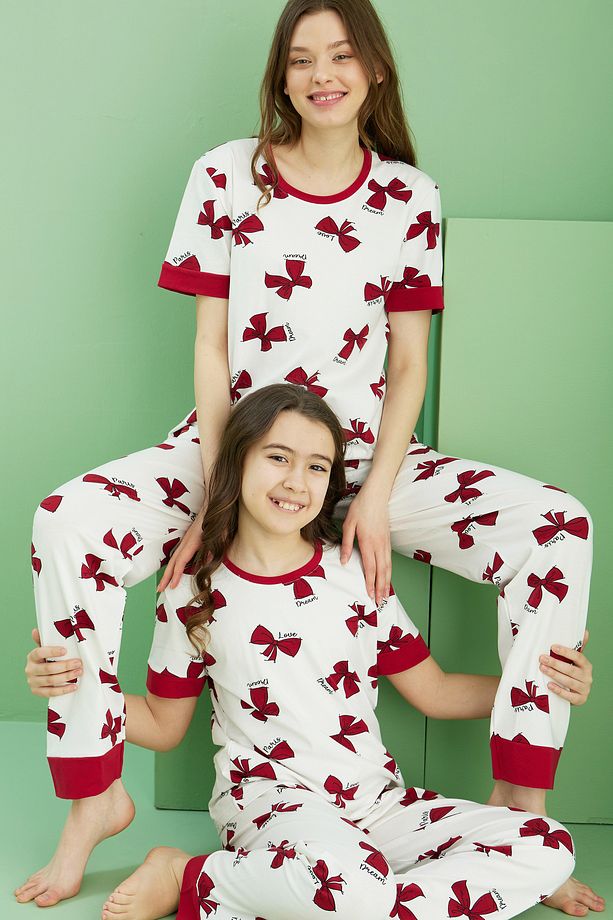 ekru desenli Pamuklu Bisiklet Yaka Örme Pijama Takım25117067 - 1